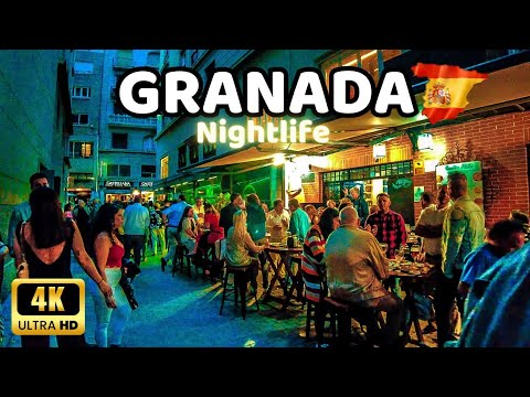🇪🇦[4K] GRANADA Espanha Vida noturna Junho 2023 Passeio a pé pelo centro da cidade | Andaluzia