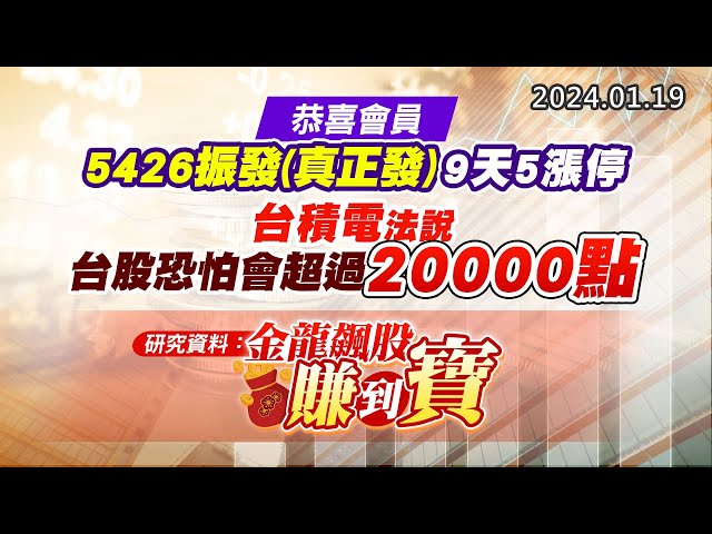 20240119《股市最錢線》#高閔漳 “恭喜會員5426振發(真正發) 9天5漲停；台積電法說後，台股恐怕會超過20000點””研究資料：金龍飆股賺到寶！”