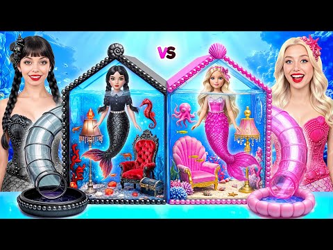 One Colored House Challenge | Barbie vs Wednesday Mermaids by Super Hyper DO