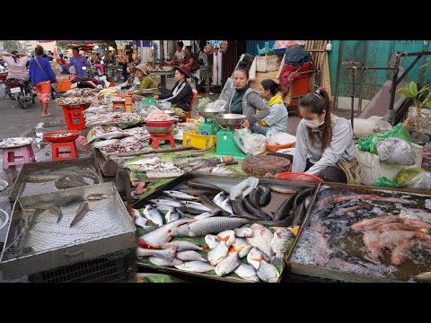 Cambodia Street Market in Evening - Various Vegetable, River Fish, Fruit, Pork & Beef on The Street