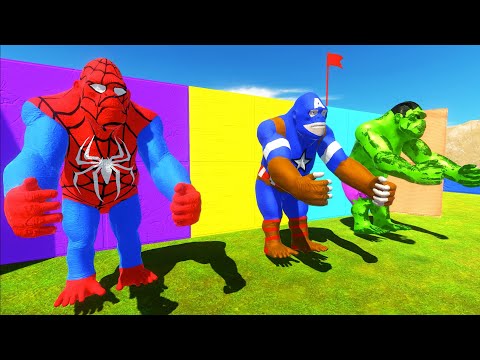 COLOR DEATH RUN vs SPIDERMAN SUPERMAN CAPTAIN AMERICA GORILLA - Animal Revolt Battle Simulator