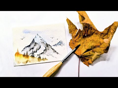 Late autumn mountain landscape painting tutorial for beginners » Watercolor autumn pines trees