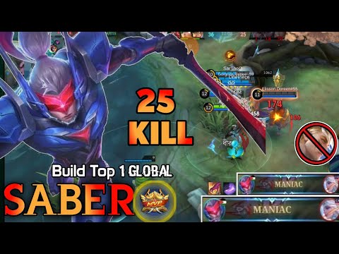 25 Kills + 2x MANIAC!! Saber Monster Jungler (ONE SHOT DELETE) - Build Top 1 Global Saber ~ MLBB