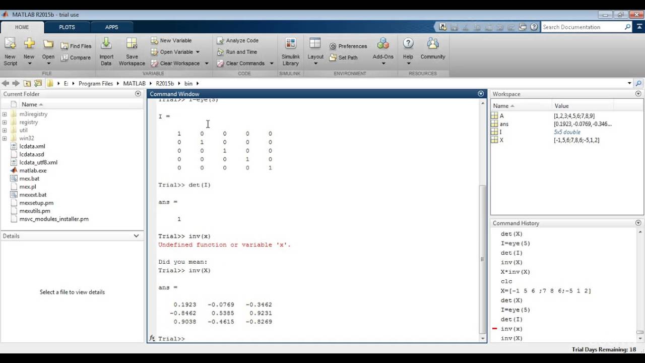 MATLAB 5.7 - Determinant, Inverse and Trace the Matrix
