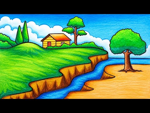 How To Draw Easy a Village Scnery On a River, Beautiful Drawing River Scenery With Oil Pastel