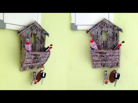 How to make wall mount key holder with Organizer using Newspaper | All type videyos