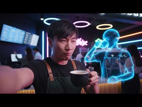 A Barista's Hologram Avatar Sips Metaverse Coffee, Mirroring His Real-Life Actions