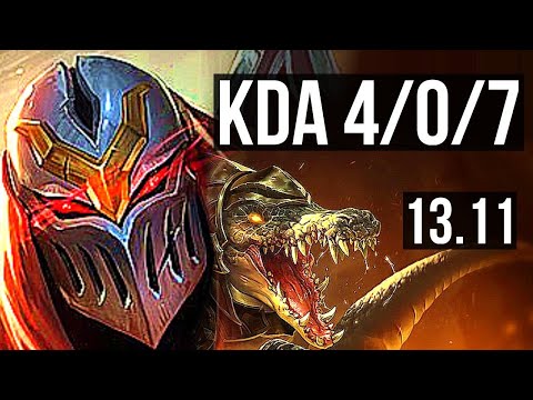 ZED vs RENEKTON (MID) | 4/0/7, 1.6M mastery, 800+ games | KR Master | 13.11