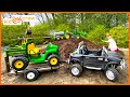 Landscaping mulch and trees with tractor, truck, digger, and water trailer. Educational | Kid Crew