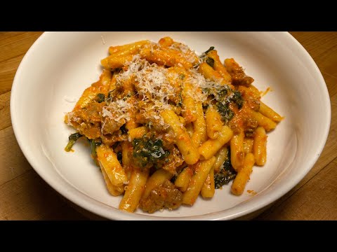 Pasta with Sun-dried Tomato Pesto, Sausage, and Spinach