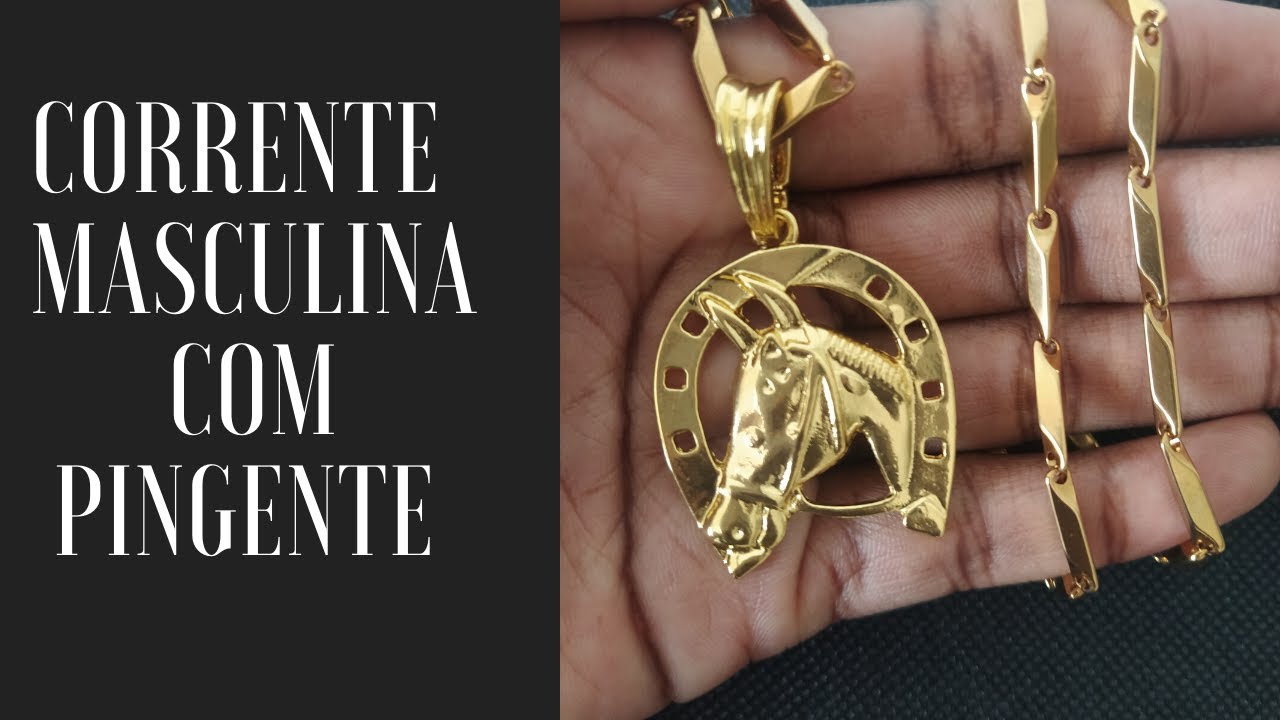 Corrente Masculina Banhado A Ouro Com Pingente De Cavalo Aço 316L   Qmaximo