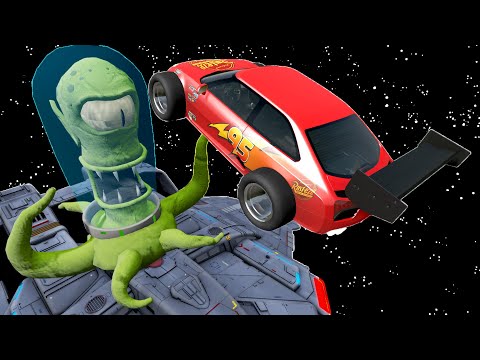 Random Cars Crazy Jumping over Space Ship of Hungry Alien - BeamNG.Drive Game | Cars Crashes Live