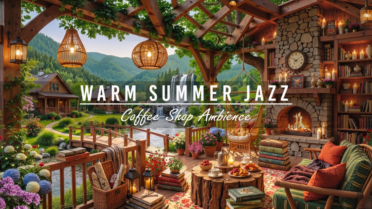 Jazz Relaxing Music for Working, Study 🌿 Warm Summer Porch Ambience & Crackles Fireplace by the Lake