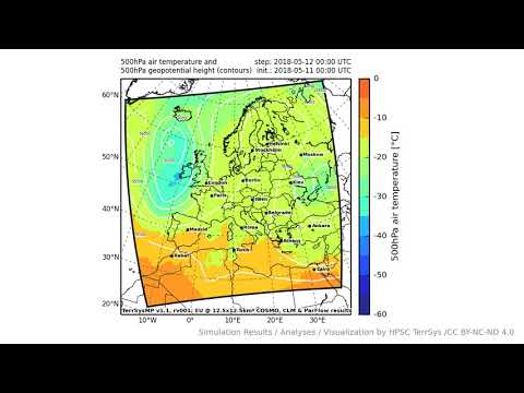 TerrSysMP monitoring run 2018-05-11 - 500hPa air temperature aund geopotential - Europe (72h)