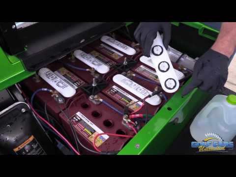 Part of a video titled How to Fill Your Electric Golf Car Batteries | Golf Cart Maintenance