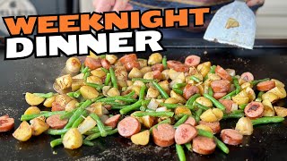 Smoked Sausage Potatoes and Green Beans on the Blackstone - Easy and Cheap Griddle Dinner Recipe!