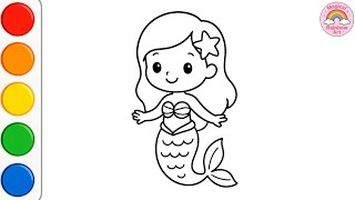 How to draw Cute Mermaid Drawing for Kids | Easy Step-by-Step Sea Creature Drawing and Coloring