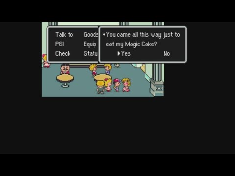 EarthBound (1994) (SNES) - Speaking with the Magic Cake woman in Club Stoic