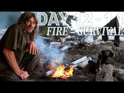 Greg Days 12-14 Discovering Fire & Fish Trap Build | 30 Day Survival Challenge: Vancouver Island