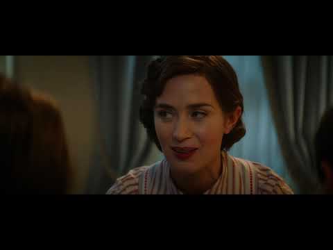 Mary Poppins Returns trailer frame with Mary floating over 1930s London