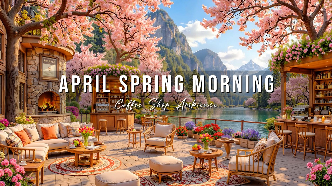Relaxing April Spring Morning 🌸 Outdoor Coffee Shop Ambience ~ Warm Piano Jazz Music for Work, Study