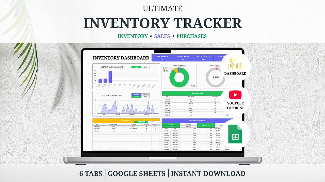 Inventory Tracker Spreadsheet Tutorial - Inventory - Sales - Purchases