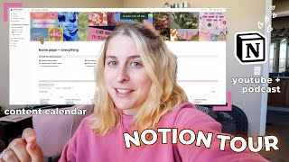 a tour of my NOTION, how I organize my content calendars for YouTube & my Podcast