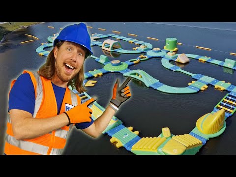 Handyman Hal explores floating Water Park | Obstacle Island Big Jumps | Fun Videos for Kids