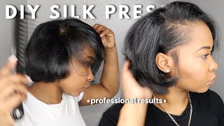 HOW TO: SILK PRESS ON NATURAL HAIR AT HOME + TRIM  | CURLY TO STRAIGHT | PROFESSIONAL RESULTS