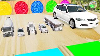 Tractor, Big Wheels, Concrete Mixer vs Stairs w Colors Pool - Crane Truck Rescue Cars - BeamNG #85