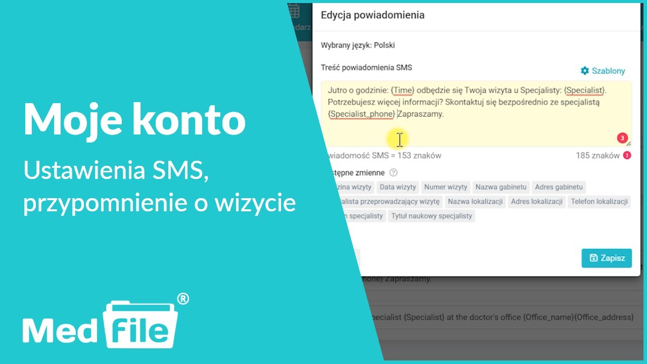 Ustawienia SMS, przypomnienie o wizycie