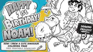 Draw With Me! Cute Dinosaur Coloring Page + FREE PDF Download