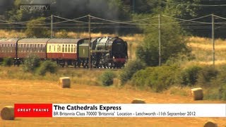 preview picture of video 'Steam Train 'Britannia' hauling The Cathedrals Express Letchworth 11-09-12'