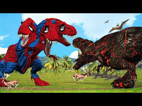 3 headed Dinosaur vs Lava T rex Fight Spiderman T-rex Revolt Epic Battle Jurassic World Evolution