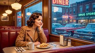 Stap binnen in de charme van Main Street in Amerika in 1958, waar de geur van verse koffie uit gezellige cafés opstijgt terwijl buiten een zachte regen valt.