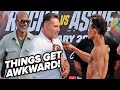 FIGHTER POINTS & STARES DOWN OSCAR DE LA HOYA AS WEIGH IN  GETS AKWARD FOR ALEXIS ROCHA!