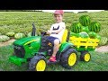 Darius Rides on Tractor \ Kids Pretend Play riding on Truck Toys gathering watermelon