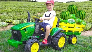 Darius Rides on Tractor \\ Kids Pretend Play riding on Truck Toys gathering watermelon