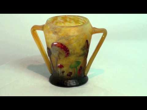 DAUM ENAMELED CAMEO GLASS TWO HANDLED "MUSHROOM" VASE