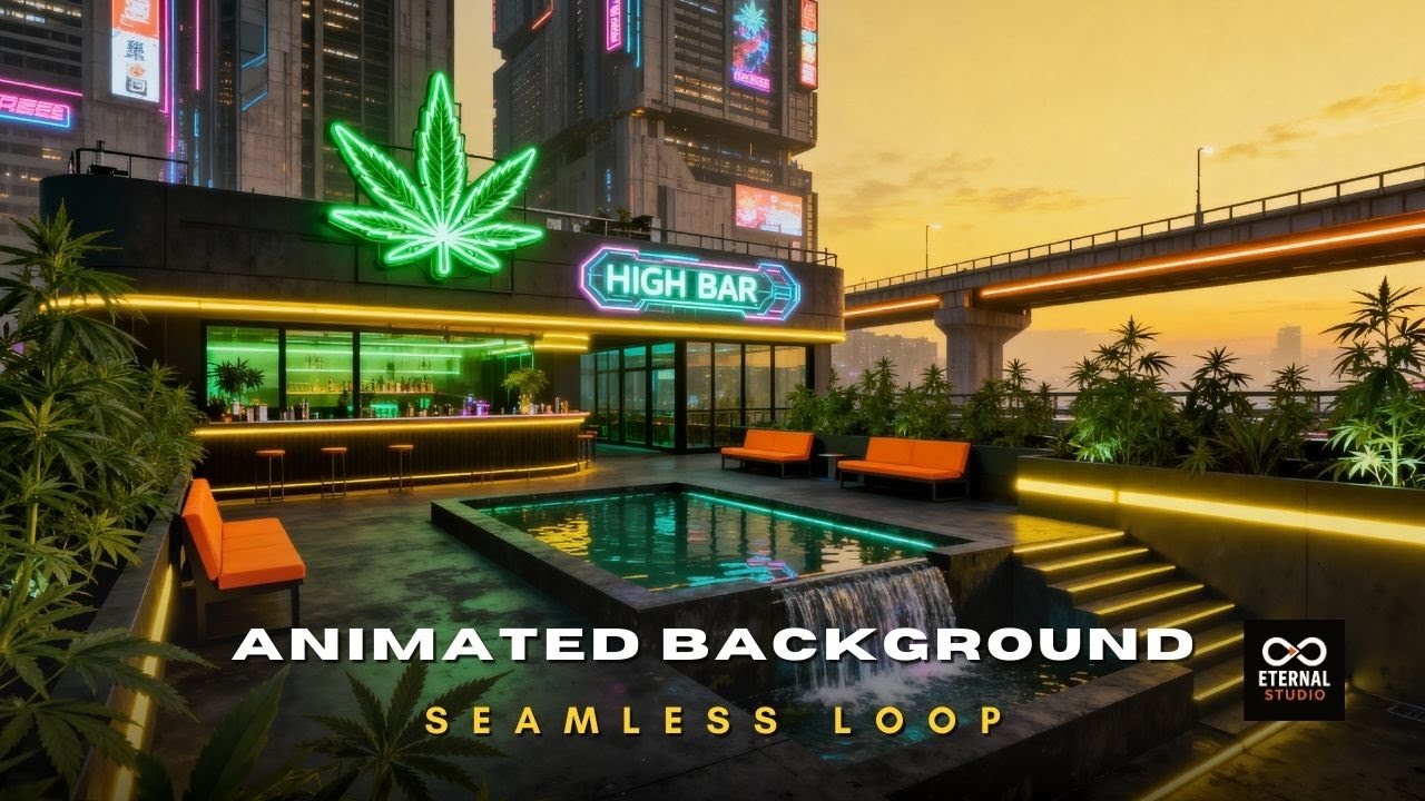 Animated Background - Weed Rooftop Bar | Afternoon Cyberpunk City Train Live Wallpaper