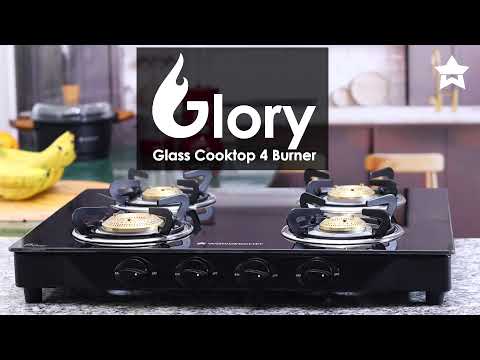 Glory 4 Burner Glass Cooktop, Black 8mm Toughened Glass with 2 Years Warranty, Ergonomic Knobs, Stainless Steel Drip Tray, Manual Ignition Gas Stove