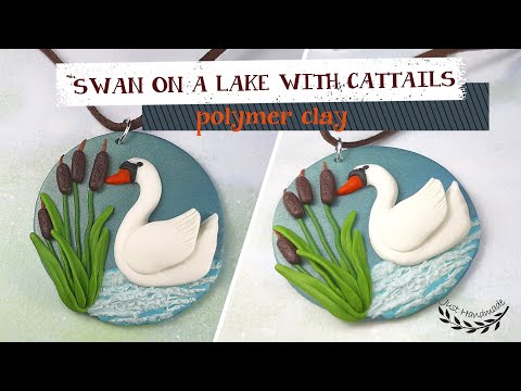 ~JustHandmade~ Polymer clay swan on a lake / pond with cattails - pendant - tutorial / DIY