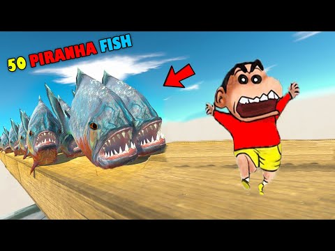 50 PIRANHA vs EVERY UNIT | SHINCHAN and CHOP fight DINOSAURS😱|😂Funny game in Hindi animal rev battle