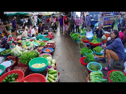 Amazing Cambodian Wet Market Scene – Plenty Rural Vegetable, Fruit, Meat & More Food On The Street