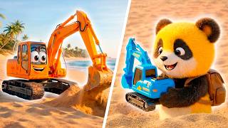 O panda Axel adora brincar com a escavadeira na areia! Vamos construir um castelo de areia!