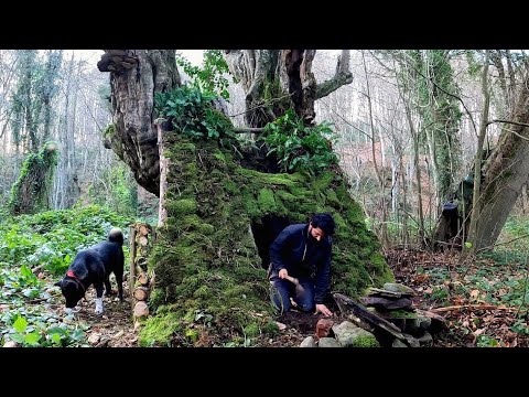 7 Tage Solo-Überlebenscamping, Aufbau einer warmen Bushcraft-Unterkunft, Lehmkamin, Kochen