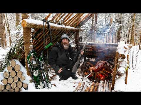 Arctic Survival Shelter, Winter Camping in a Blizzard  - Setting Snares & Hunting for Breakfast