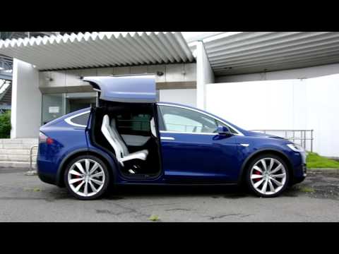 テスラのSUV「モデルX」のウイングドアが、通過中のトラックによって引きちぎられる