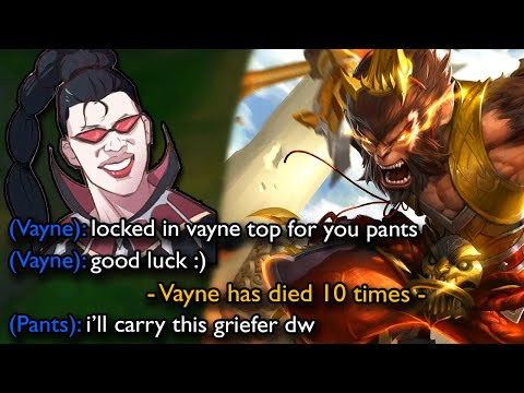 Challenger player goes 1-10 on vayne top and tries to grief me, so i hard 1v9 and carry him instead