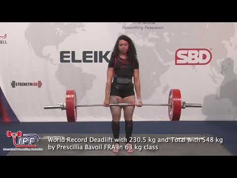 World Record Deadlift with 230.5 kg and Total with 548 kg by Prescillia Bavoil FRA in 63 kg class